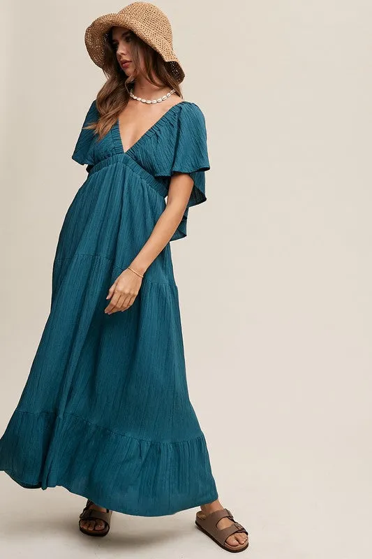 TEEK - Emerald Green V-neck Ruffle Sleeve Flowy Dress