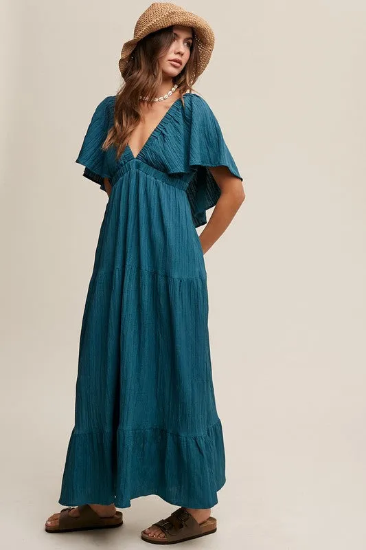 TEEK - Emerald Green V-neck Ruffle Sleeve Flowy Dress