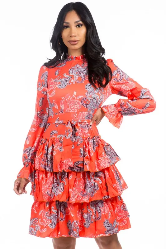 TEEK - ORANGE FLORAL RUFFLE SKIRT DRESS