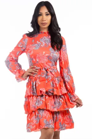 TEEK - ORANGE FLORAL RUFFLE SKIRT DRESS