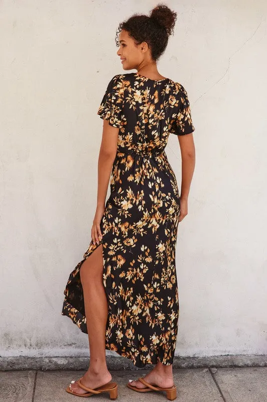 Tiara Short Flutter Sleeve Floral Print Maxi Dress Black