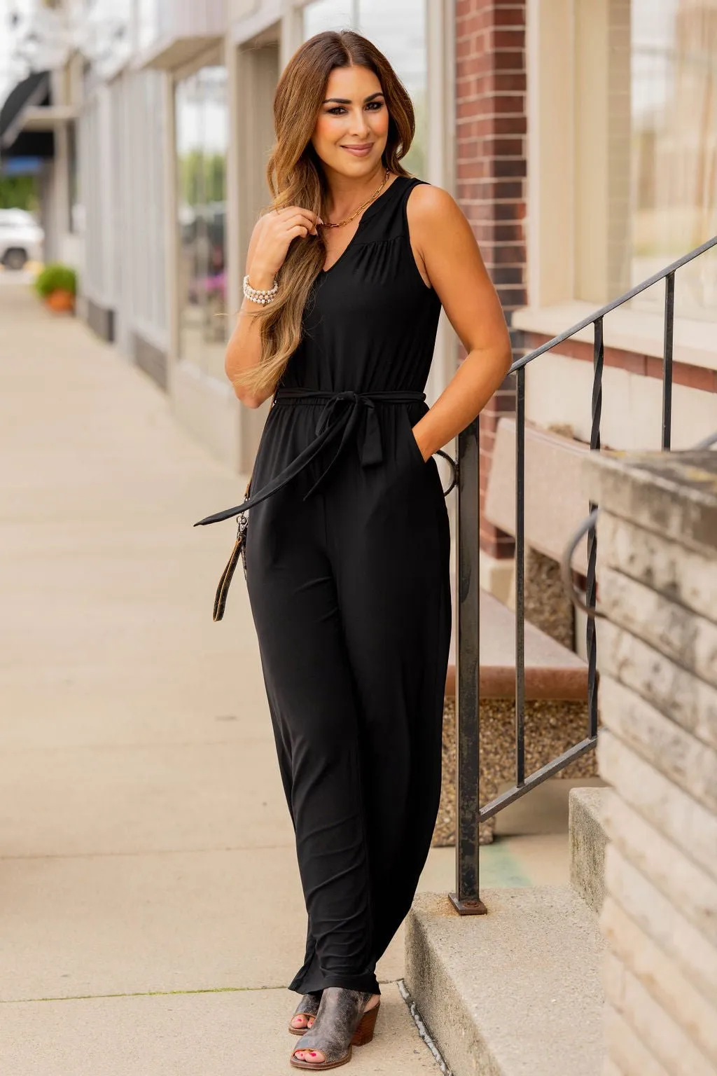 Tie Waist V Jumpsuit