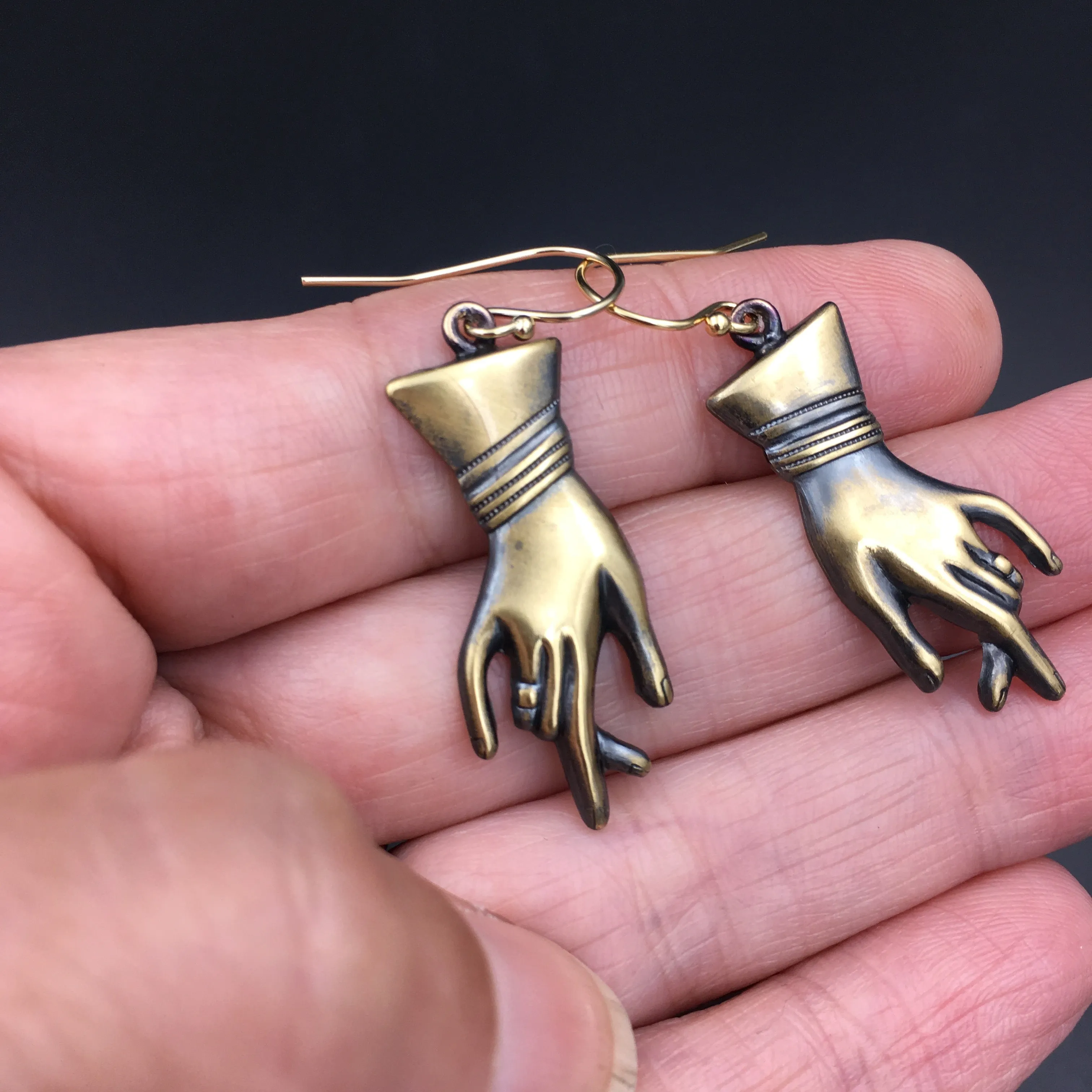 Victorian Style Handmade Brass & Gold Hand Dangle Earrings