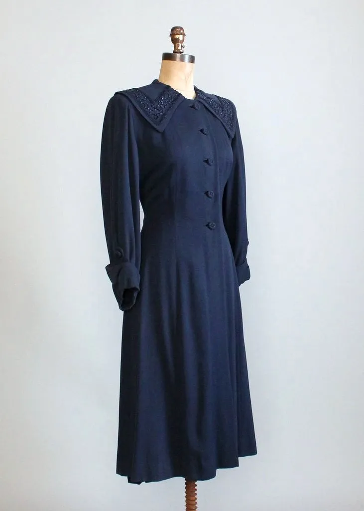 Vintage 1940s Navy Beaded Collar Princess Coat