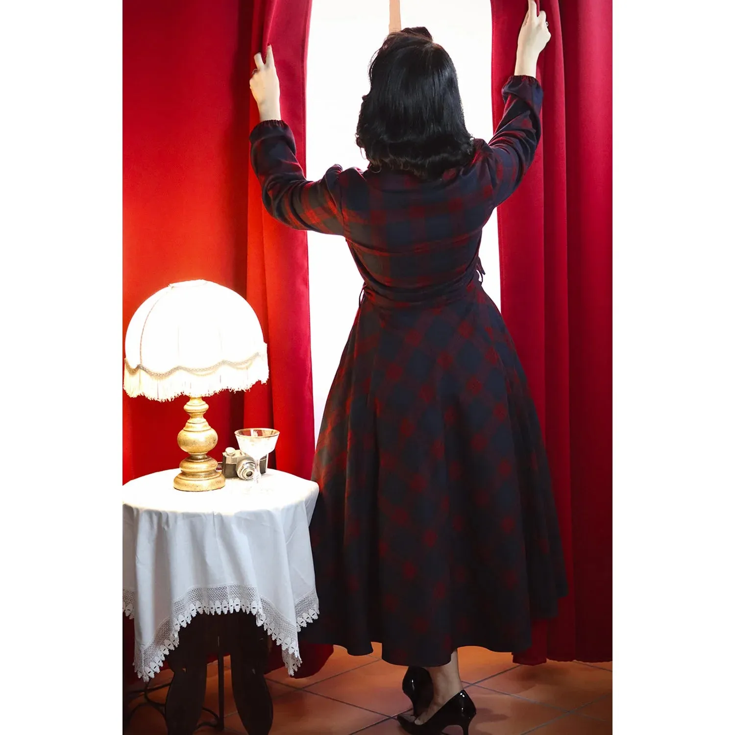 Vintage Red Blue Check Long Sleeve Collar Burns Swing Dress