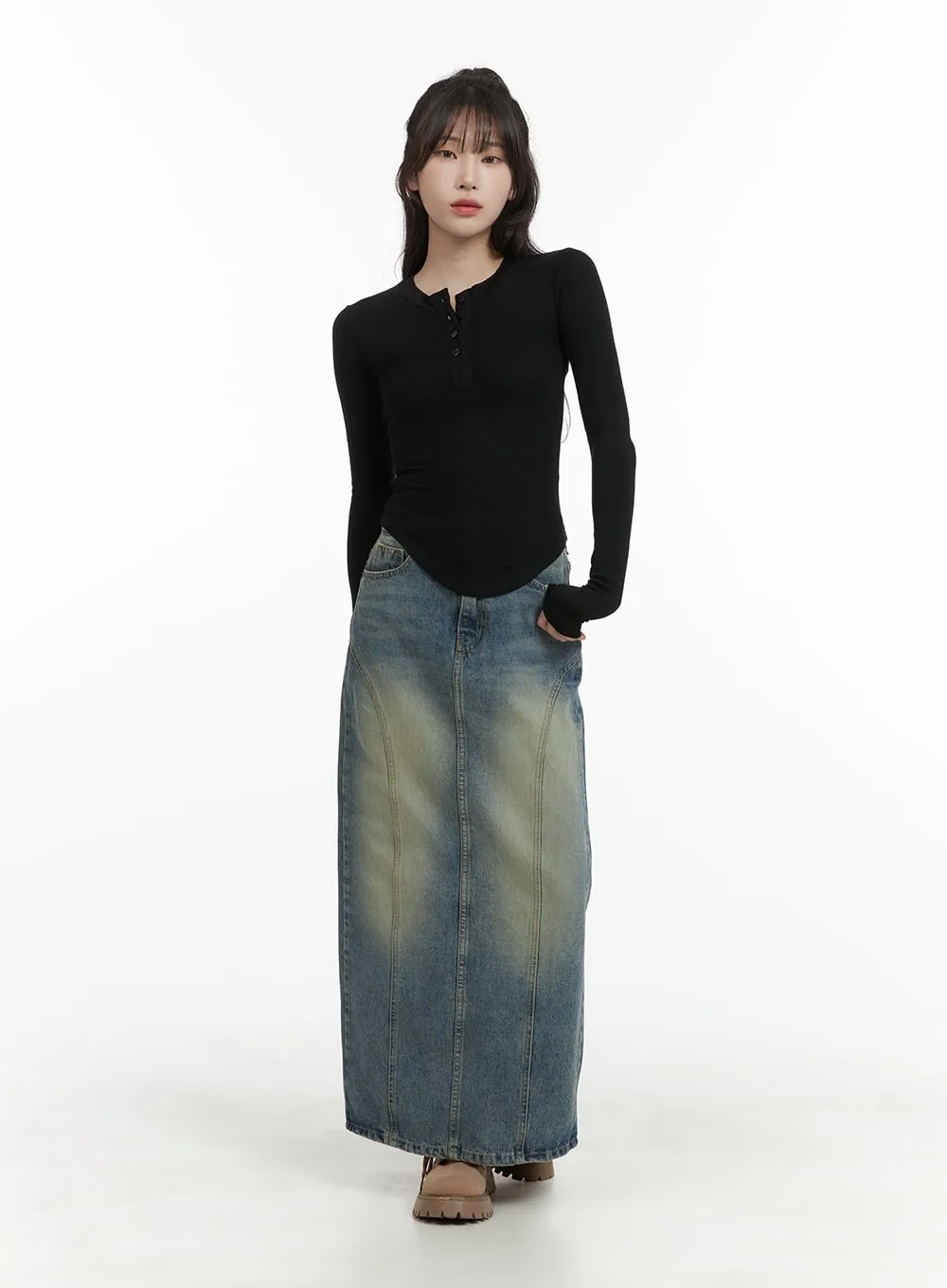 Vintage Washed Denim Maxi Skirt CA403