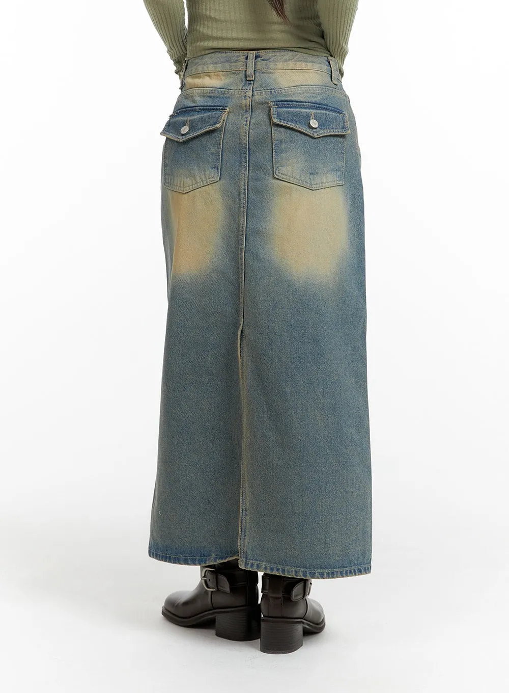 Washed Denim A-Line Maxi Skirt CF419