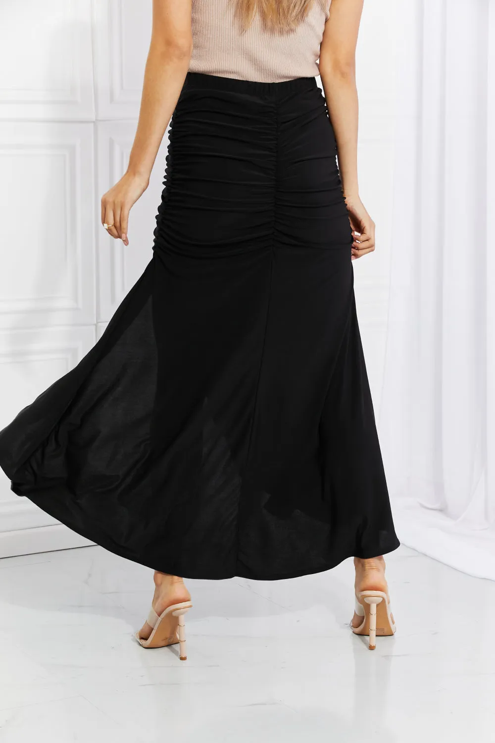 White Birch Full Size Up and Up Ruched Slit Maxi Skirt in Black (TB7) T