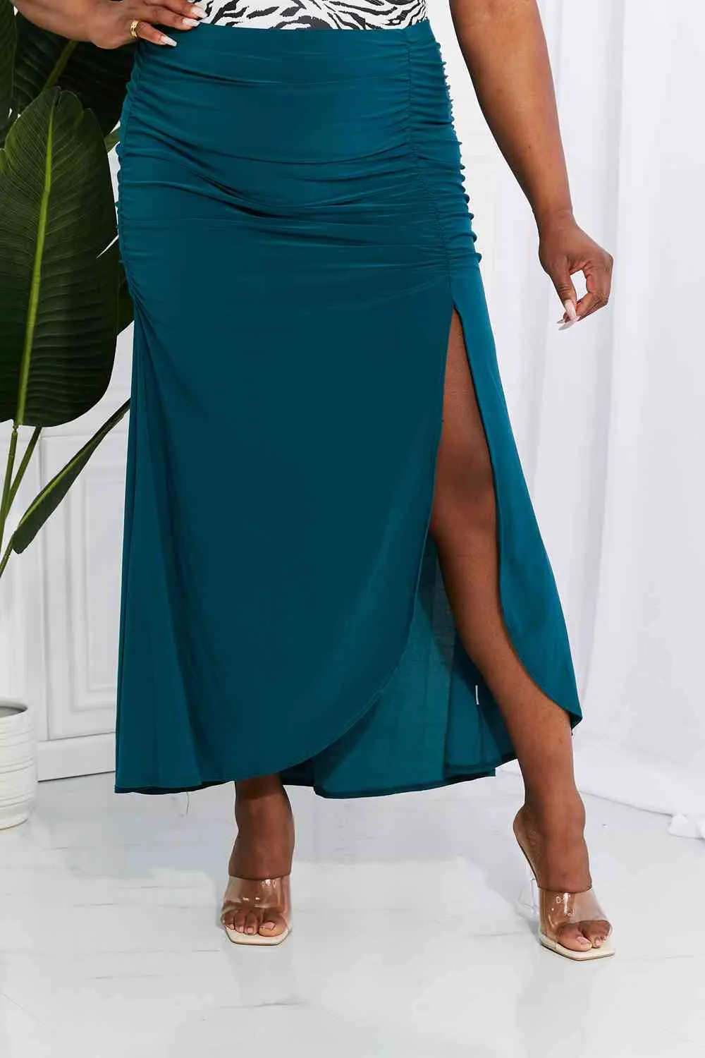 White Birch Full Size Up and Up Ruched Slit Maxi Skirt in Teal