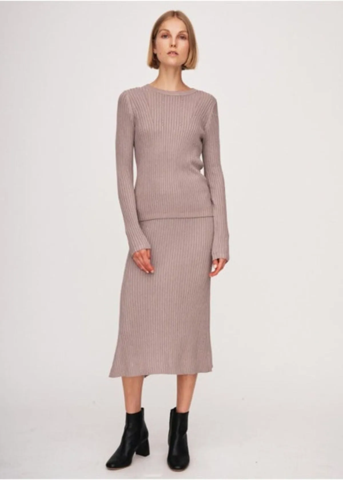 WHITE   WARREN Lurex Shine Ribbed Skirt - Mauve Shine