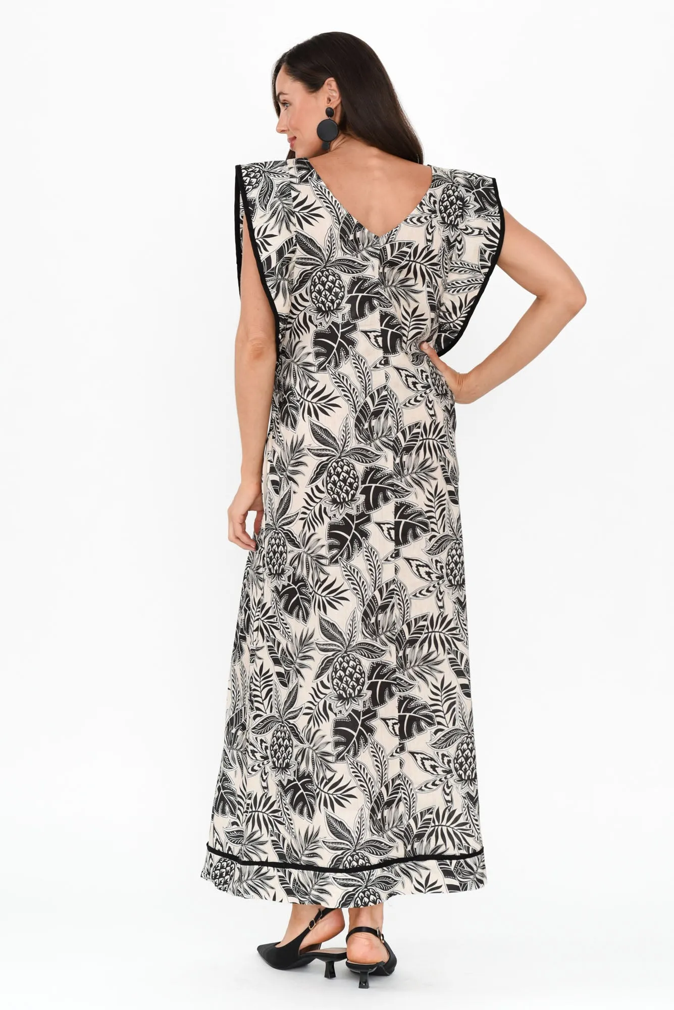 Whitney Black Leaf Linen Maxi Dress