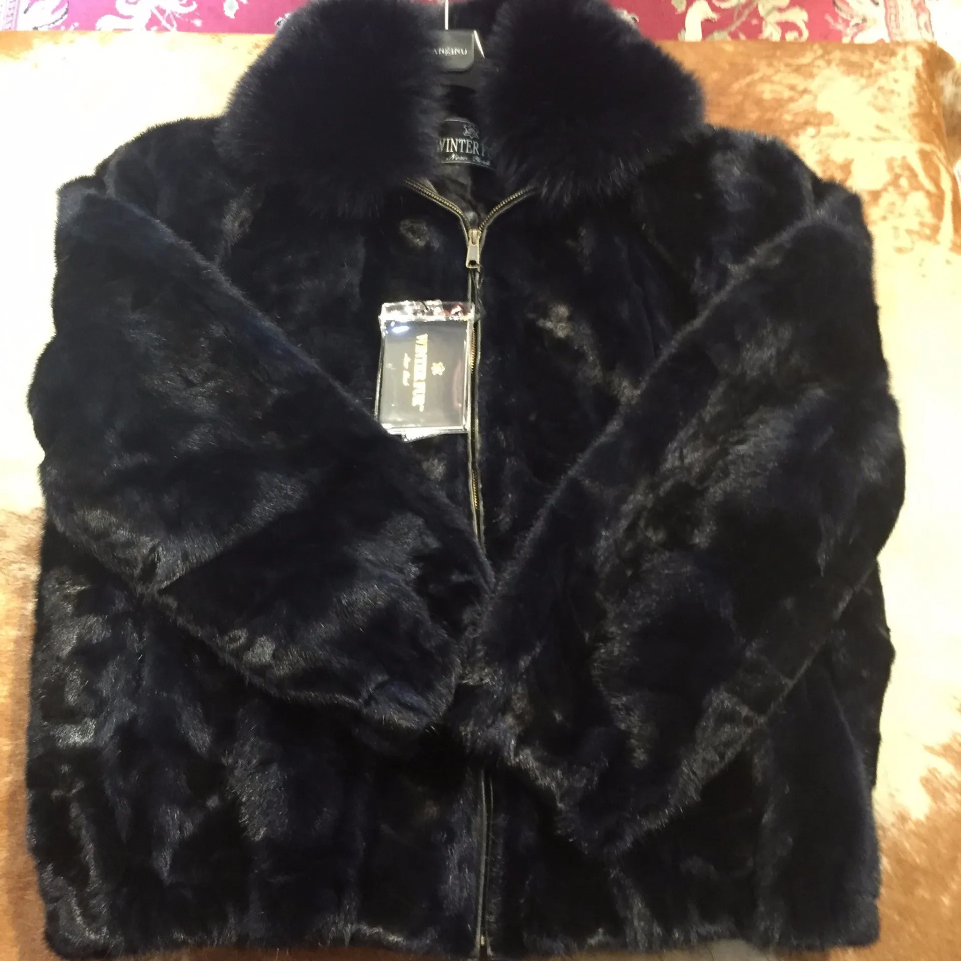 Winter Fur Diamond Navy Mink Jacket w/ Fox Collar