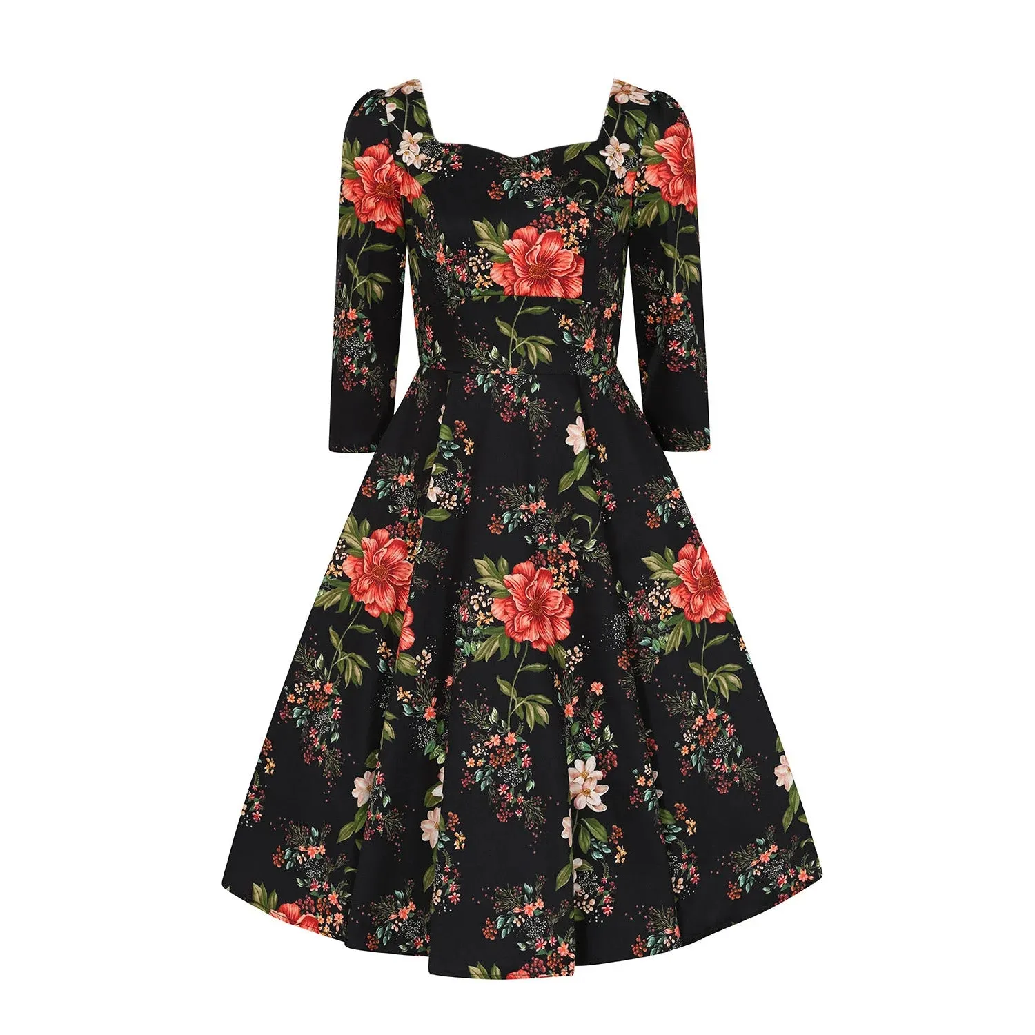 Winter Red Black Floral Print 3/4 Sleeve Sweetheart Neckline 50s Swing Dress With Pockets