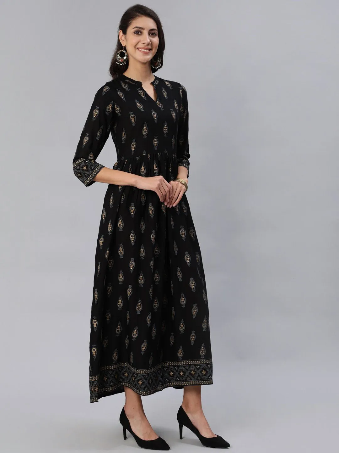 Women Black & Gold Printed Maxi Dress With Three Quarter Sleeves