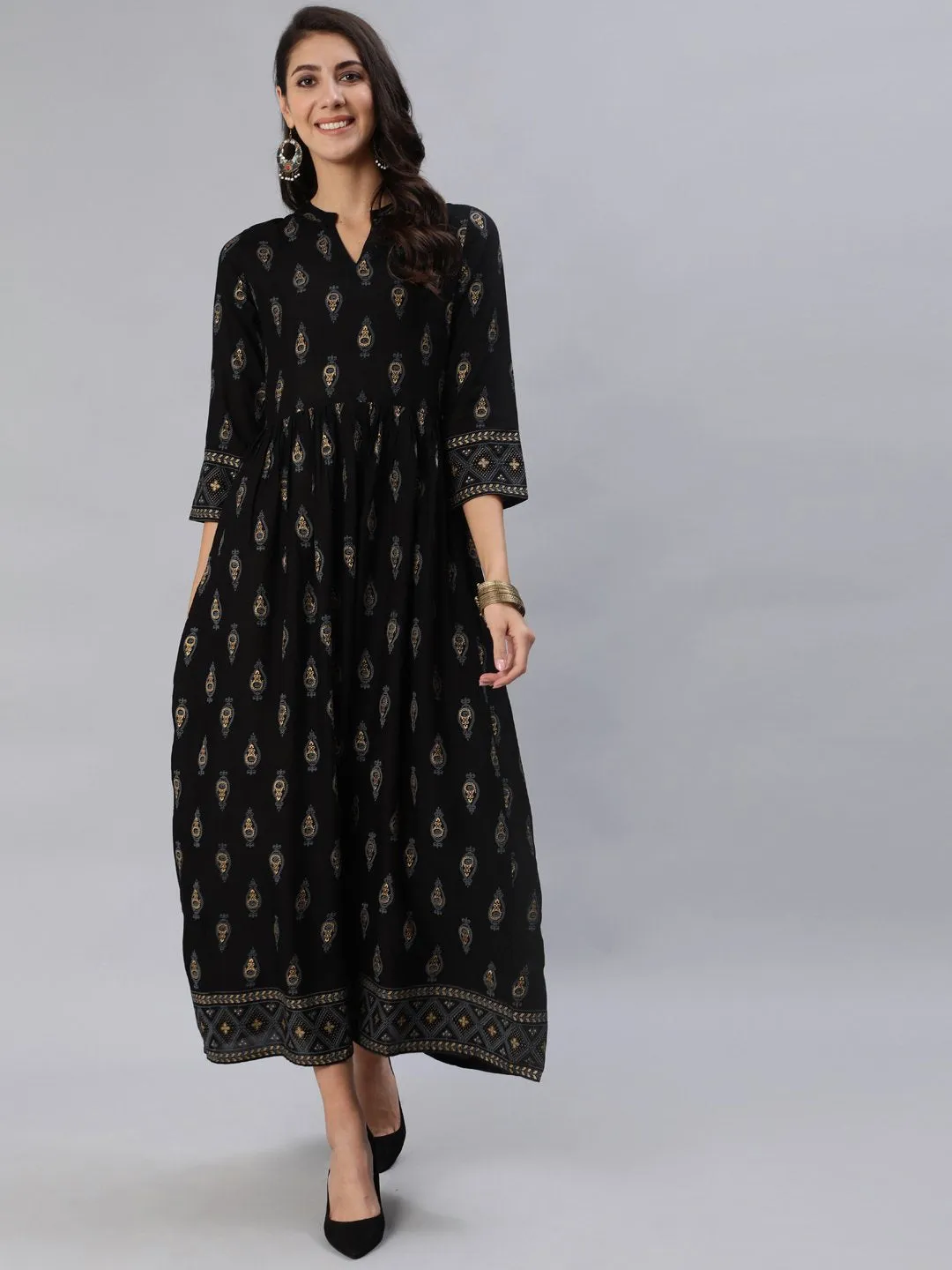 Women Black & Gold Printed Maxi Dress With Three Quarter Sleeves