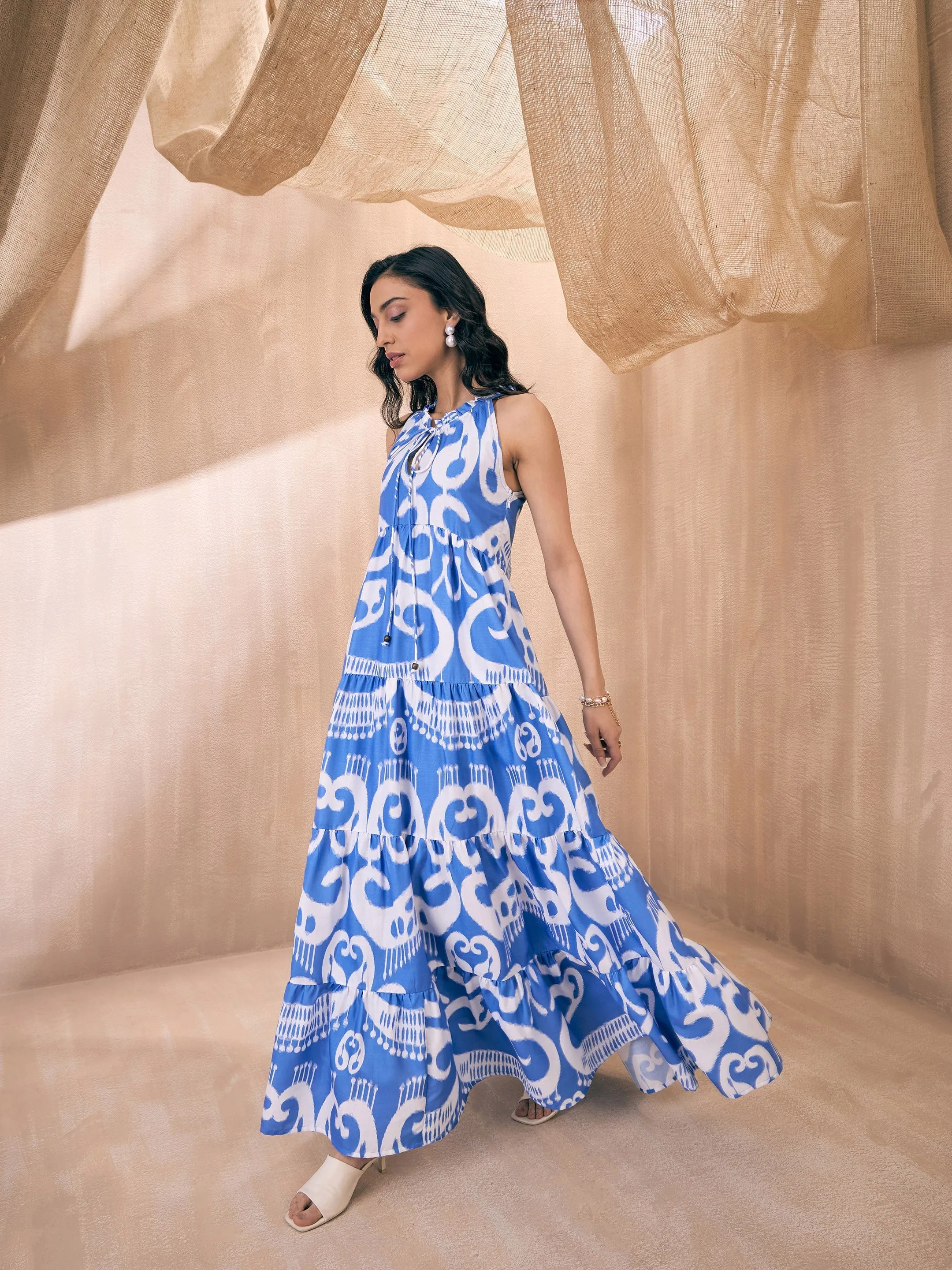 Women Blue & White Ikat Print Dori Neck Tiered Maxi