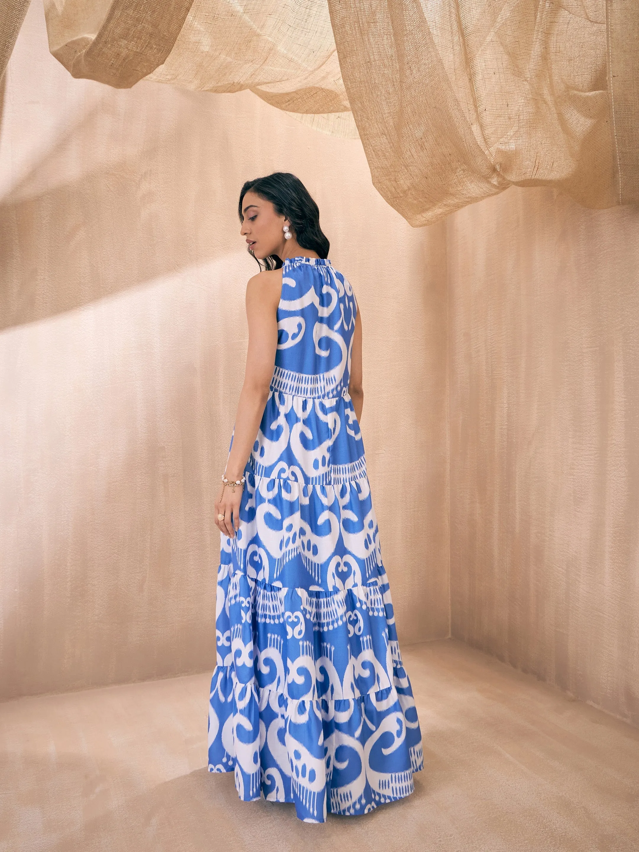 Women Blue & White Ikat Print Dori Neck Tiered Maxi