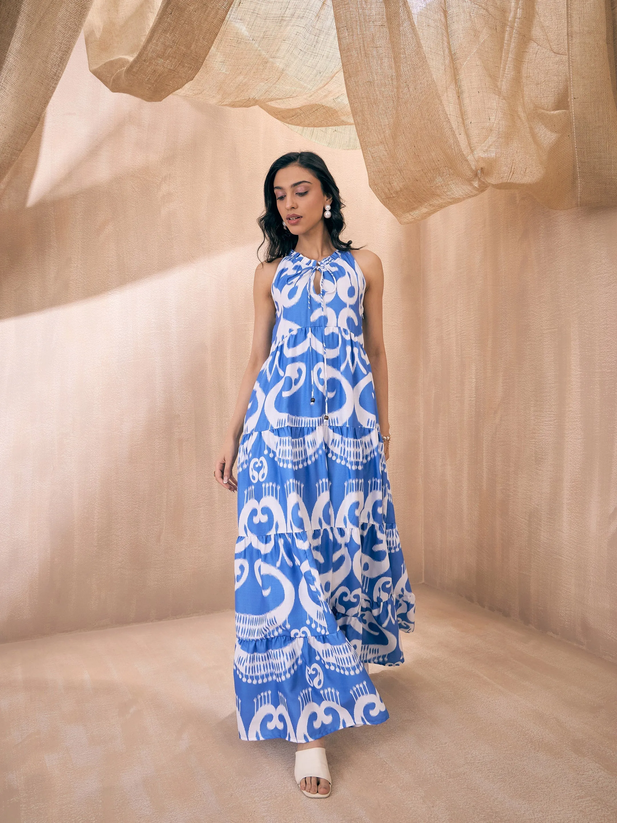 Women Blue & White Ikat Print Dori Neck Tiered Maxi