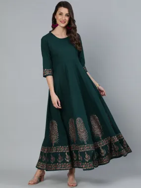 Women Green & Gold Block Printed Maxi Dress With Three Quarter Sleeves