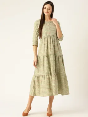 Women Green Ethnic Motifs Printed Round Neck Cotton Maxi Dress