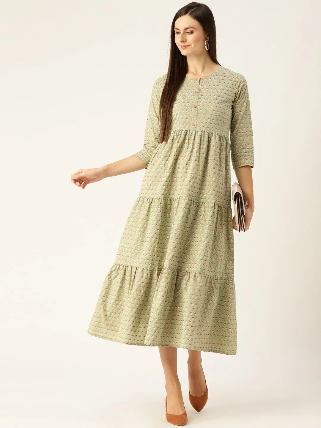 Women Green Ethnic Motifs Printed Round Neck Cotton Maxi Dress