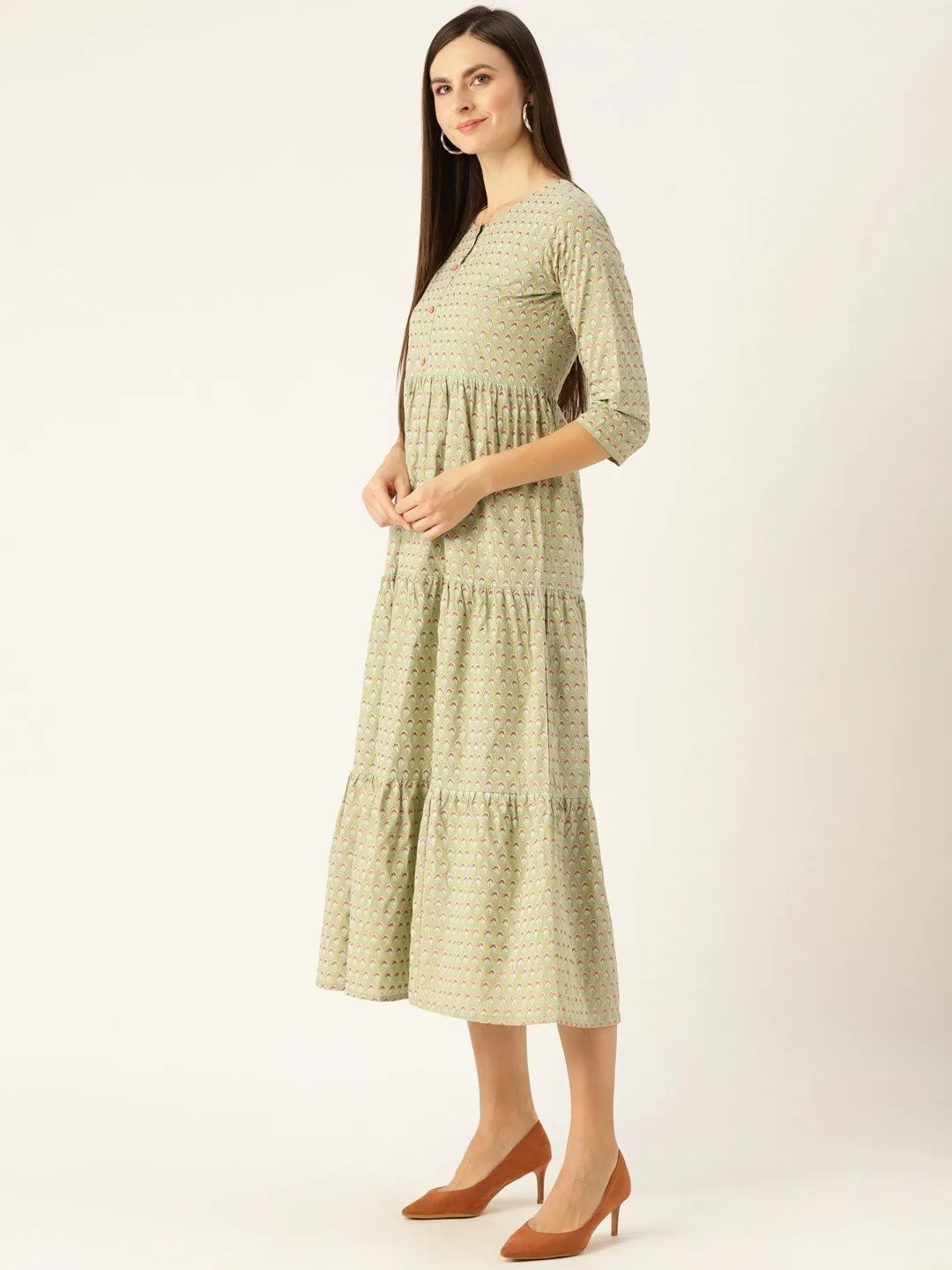 Women Green Ethnic Motifs Printed Round Neck Cotton Maxi Dress