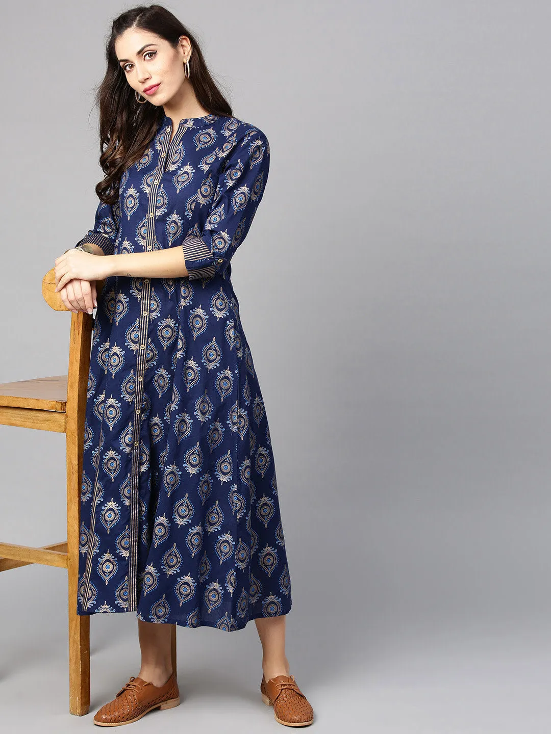 Women Navy And Golden Printed Woven Maxi Dress