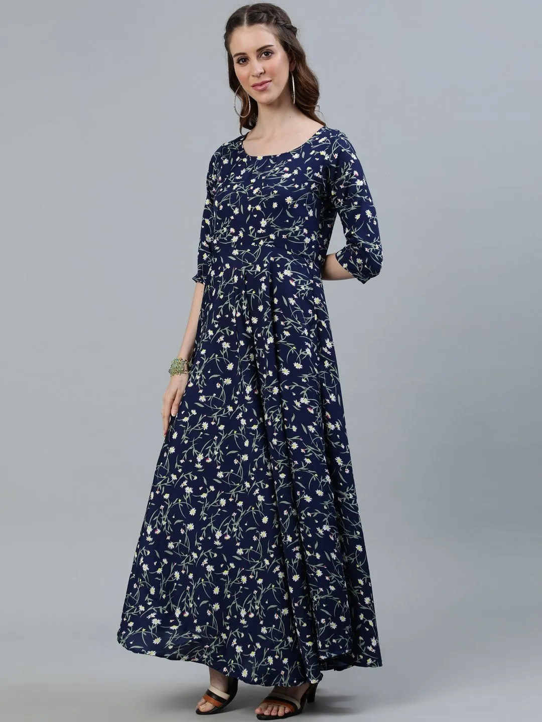 Women Navy Blue Floral Printed Maxi Dress With Three Quarter Sleeves