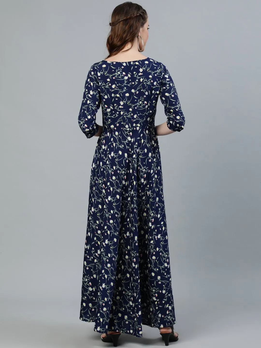 Women Navy Blue Floral Printed Maxi Dress With Three Quarter Sleeves