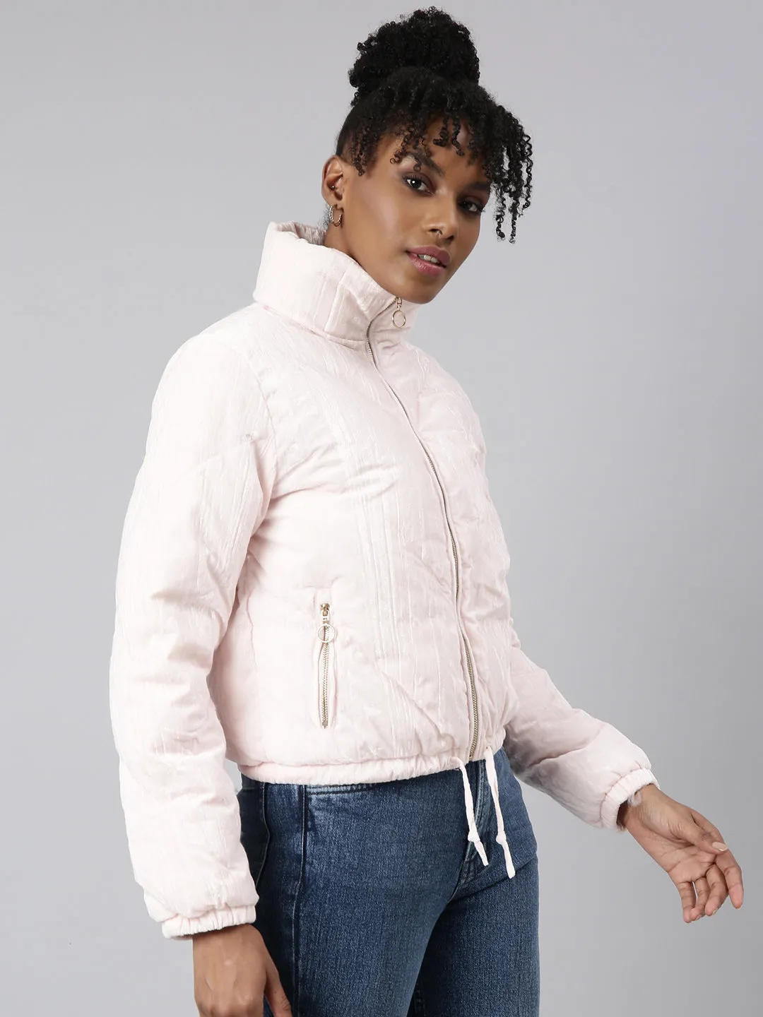 Women Solid Pink Puffer Jacket