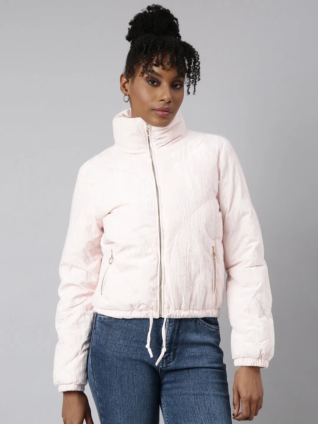 Women Solid Pink Puffer Jacket