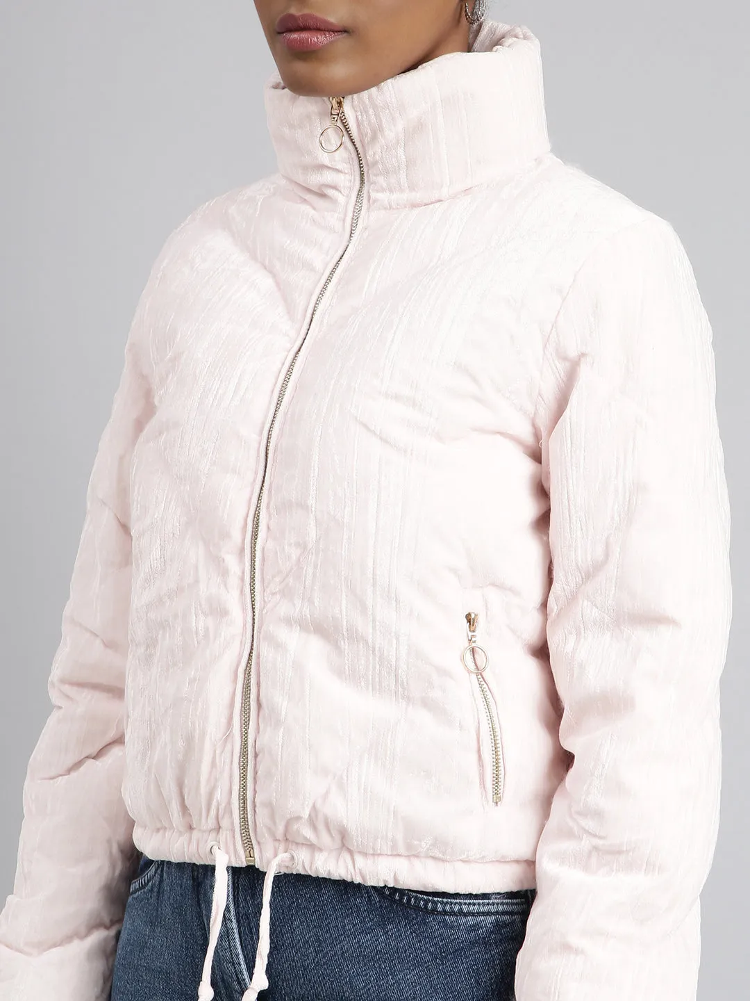 Women Solid Pink Puffer Jacket