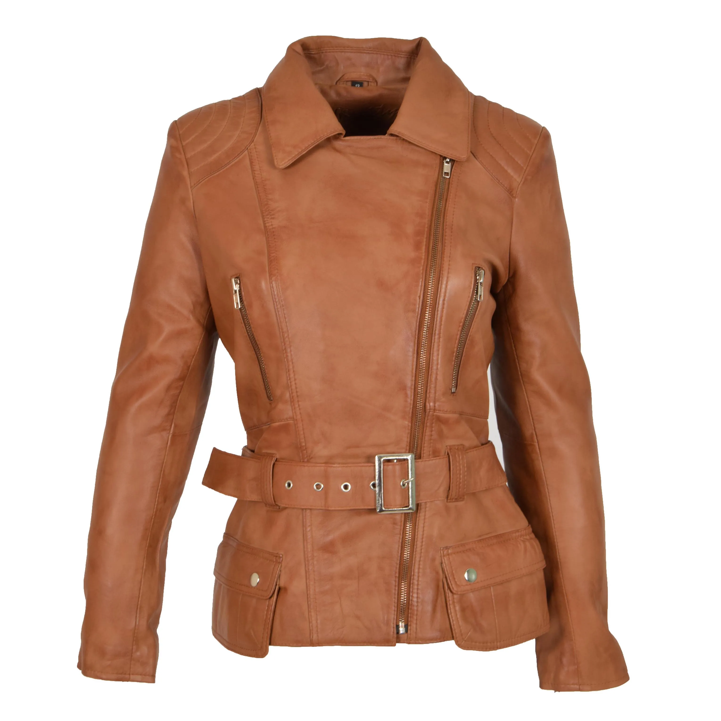 Womens Biker Leather Jacket Slim Fit Cut Hip Length Coat Coco Tan