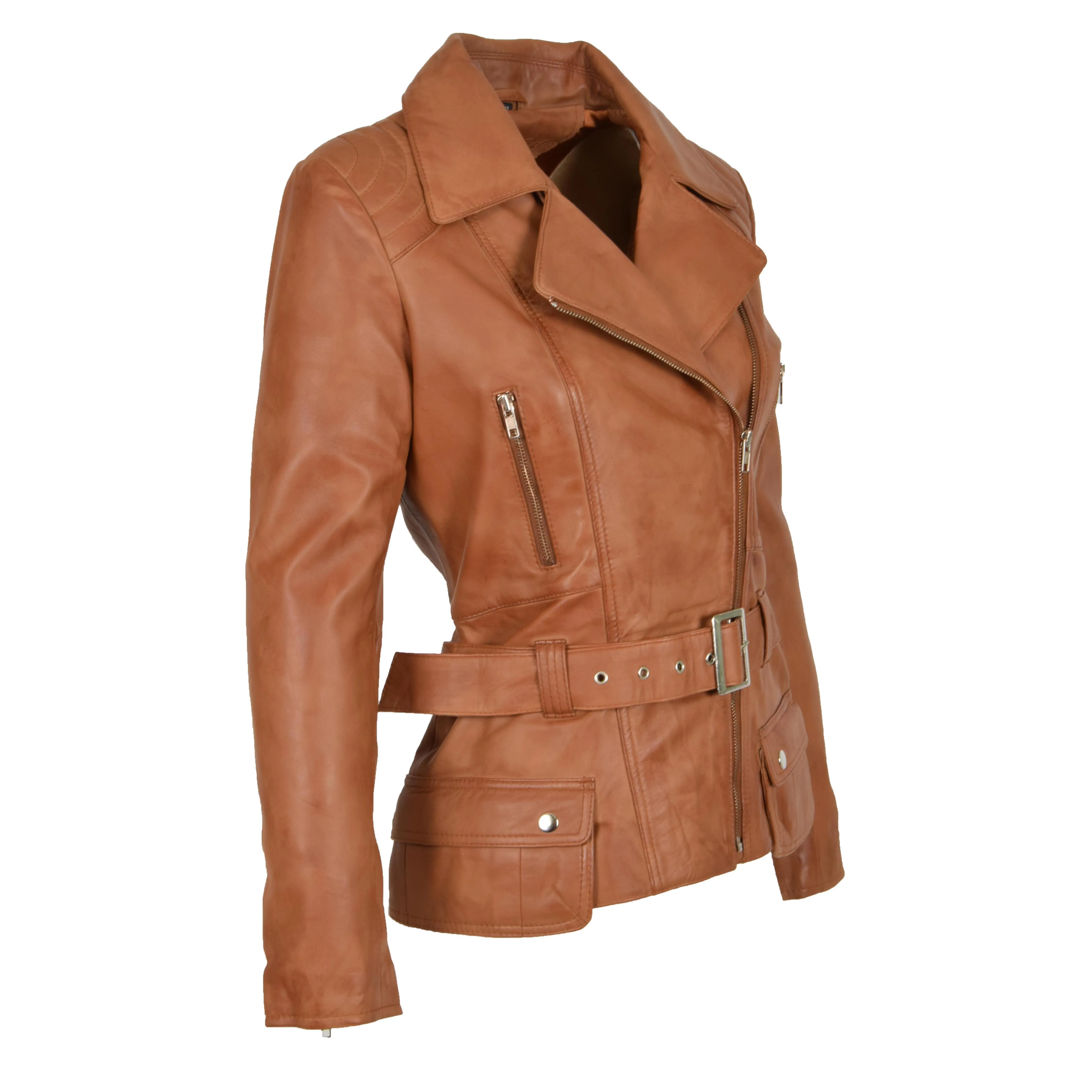 Womens Biker Leather Jacket Slim Fit Cut Hip Length Coat Coco Tan