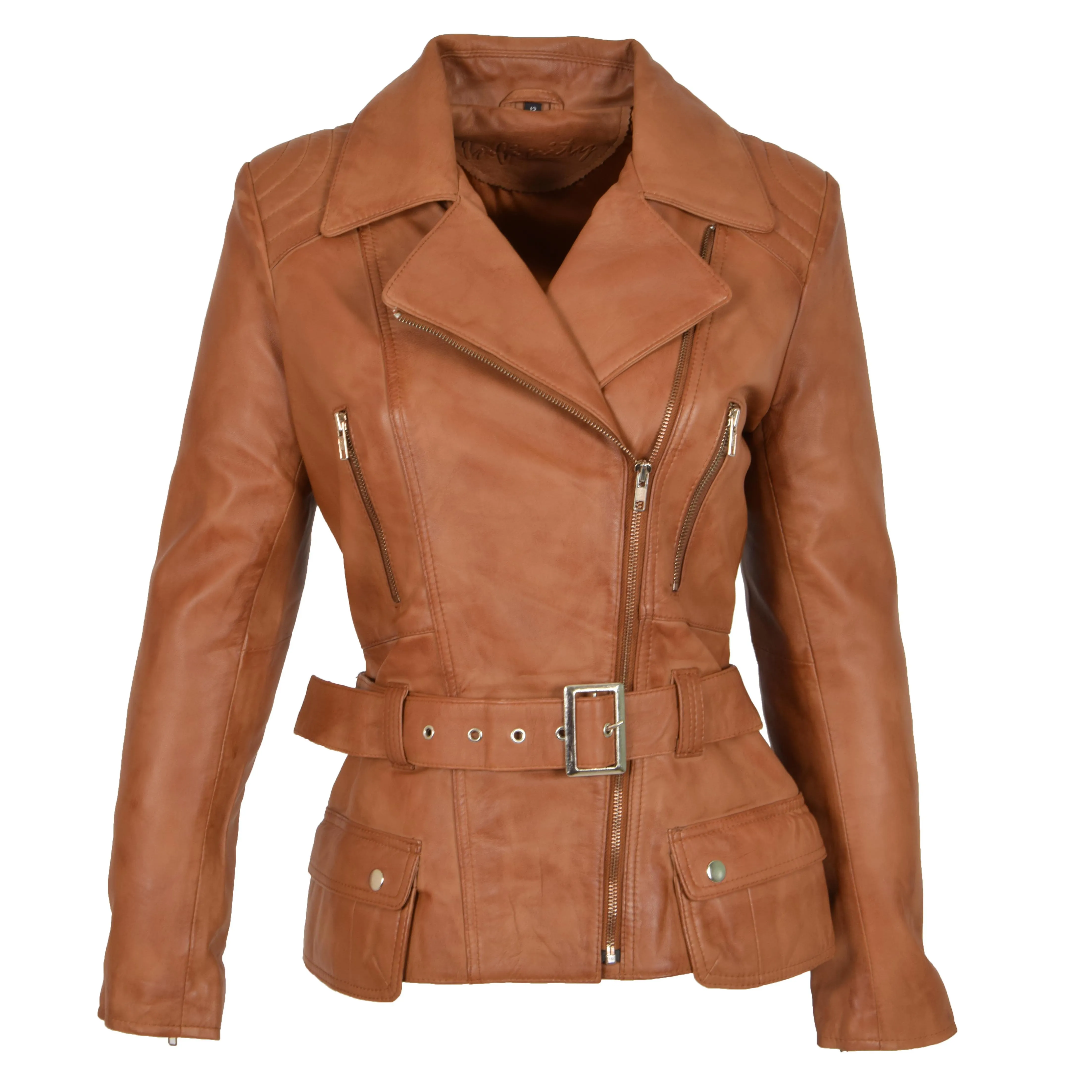 Womens Biker Leather Jacket Slim Fit Cut Hip Length Coat Coco Tan