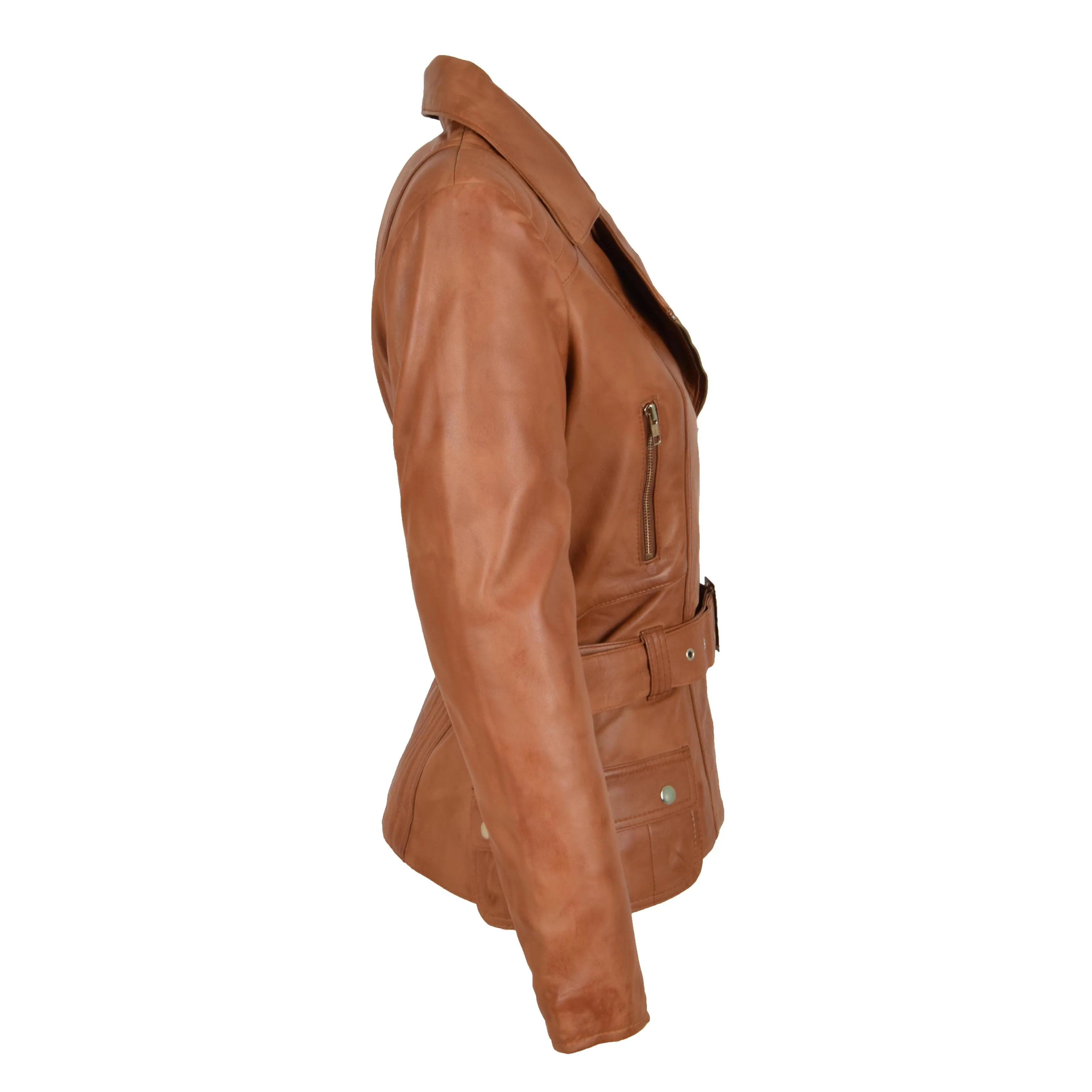 Womens Biker Leather Jacket Slim Fit Cut Hip Length Coat Coco Tan