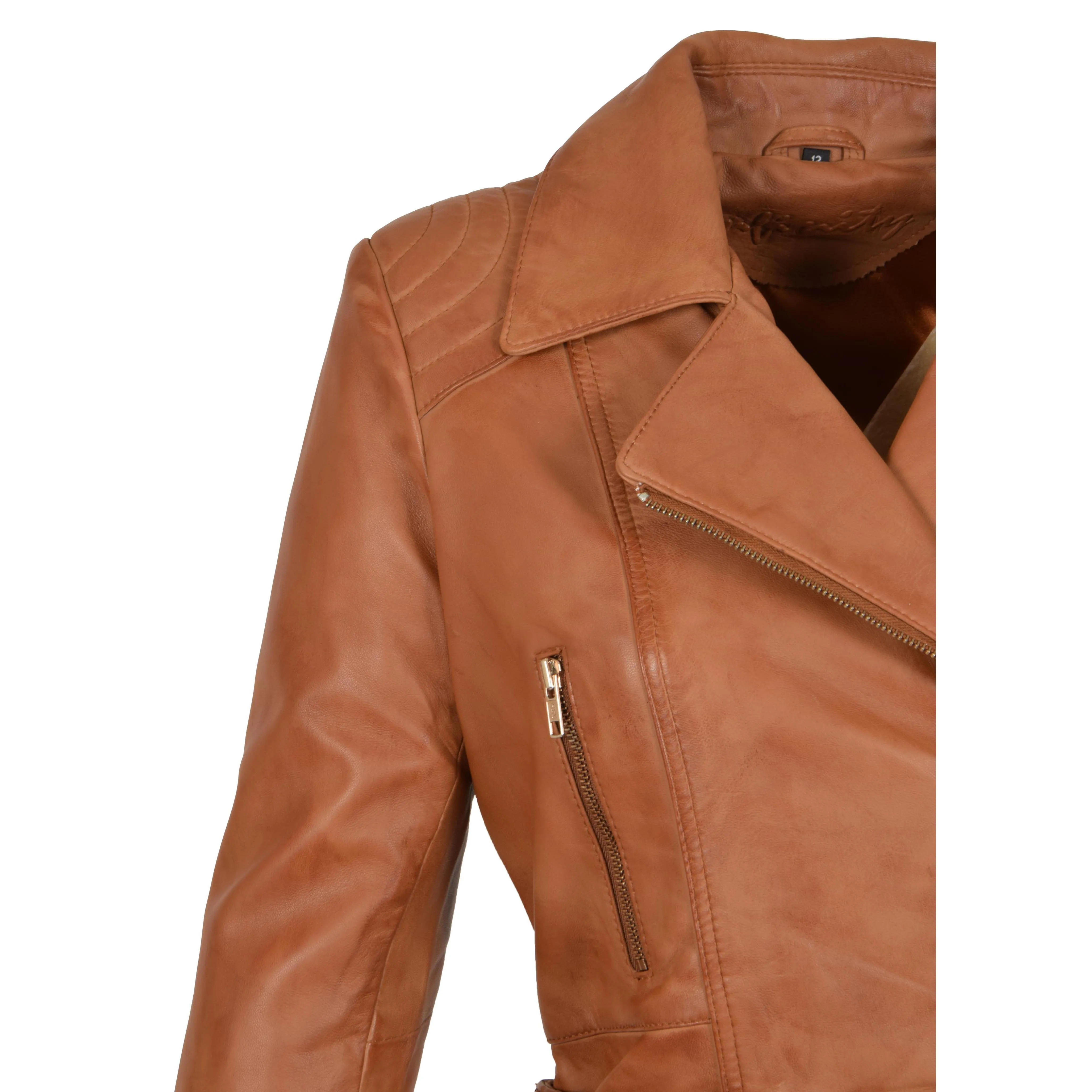 Womens Biker Leather Jacket Slim Fit Cut Hip Length Coat Coco Tan