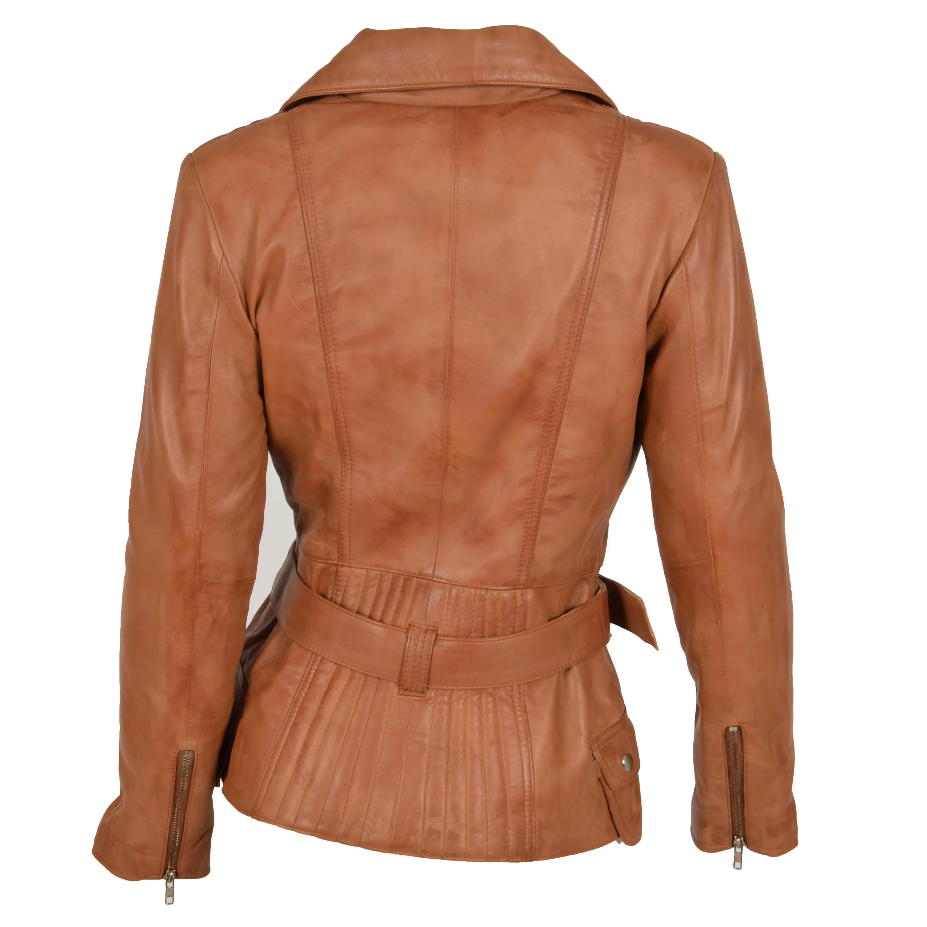 Womens Biker Leather Jacket Slim Fit Cut Hip Length Coat Coco Tan