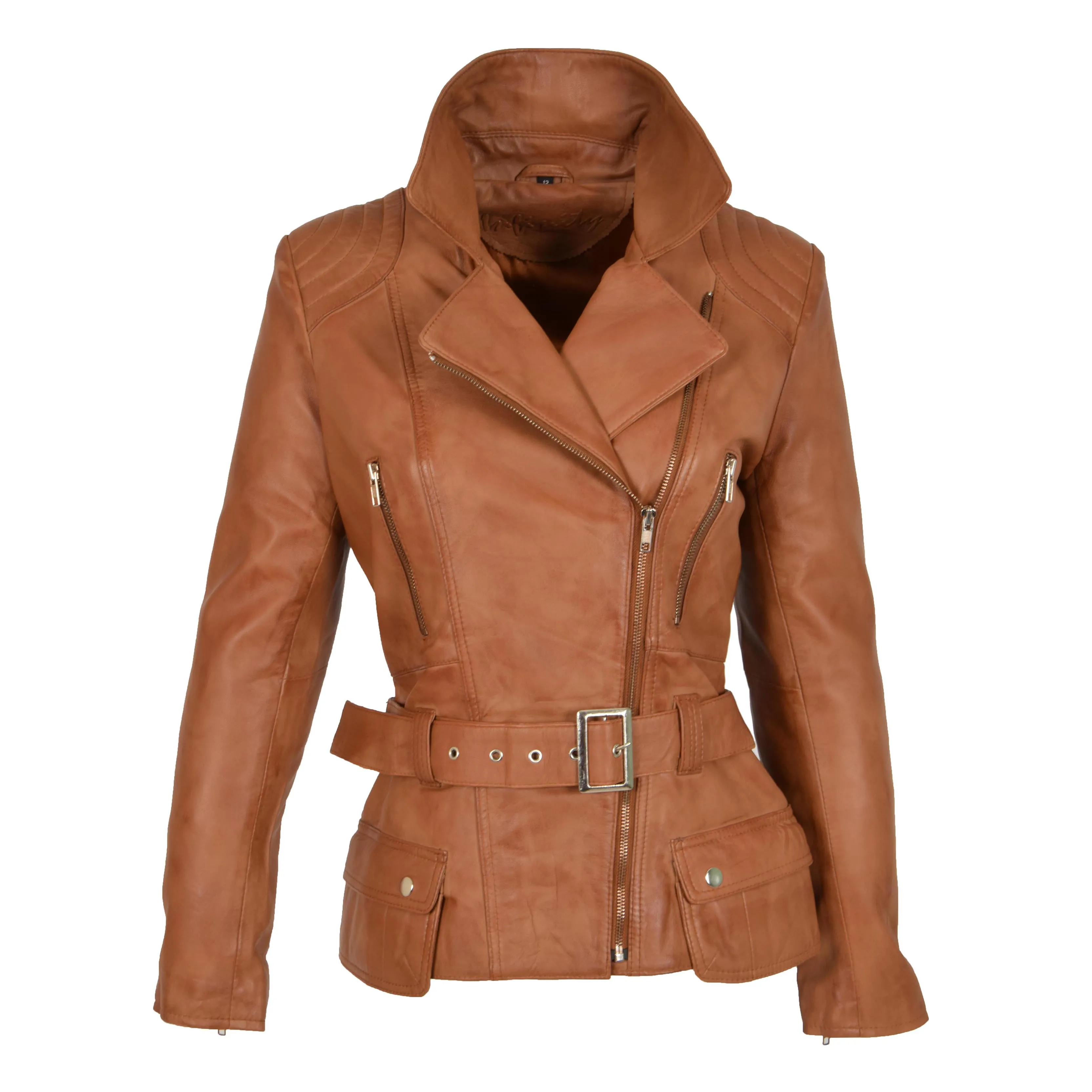 Womens Biker Leather Jacket Slim Fit Cut Hip Length Coat Coco Tan