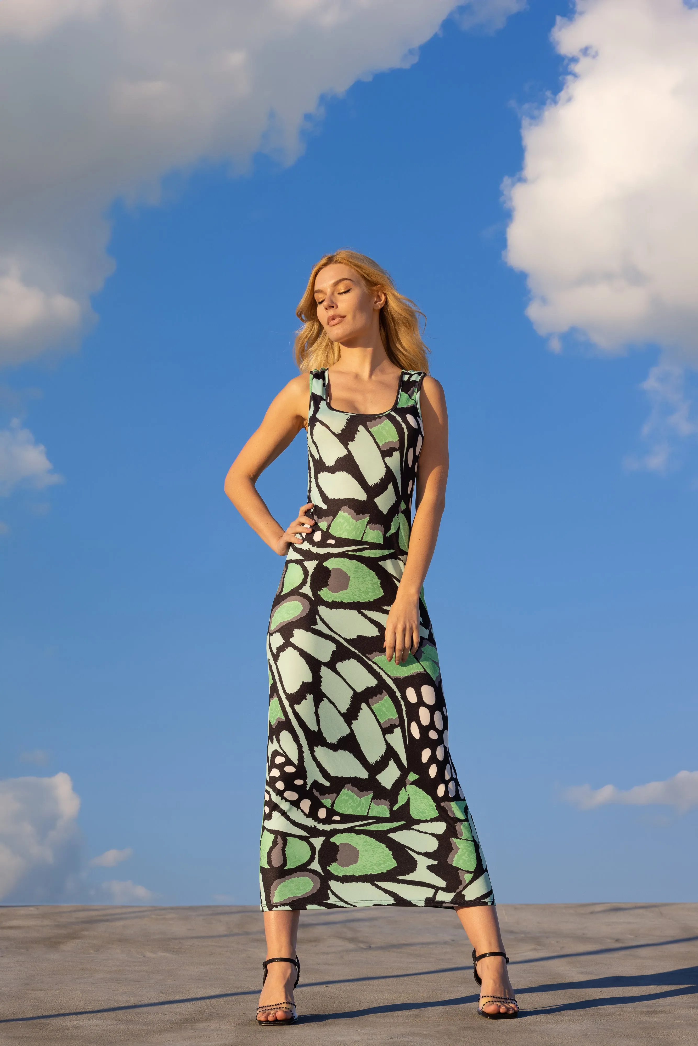 Womens Green Butterfly Print Casual Razorback Tank Maxi Dress