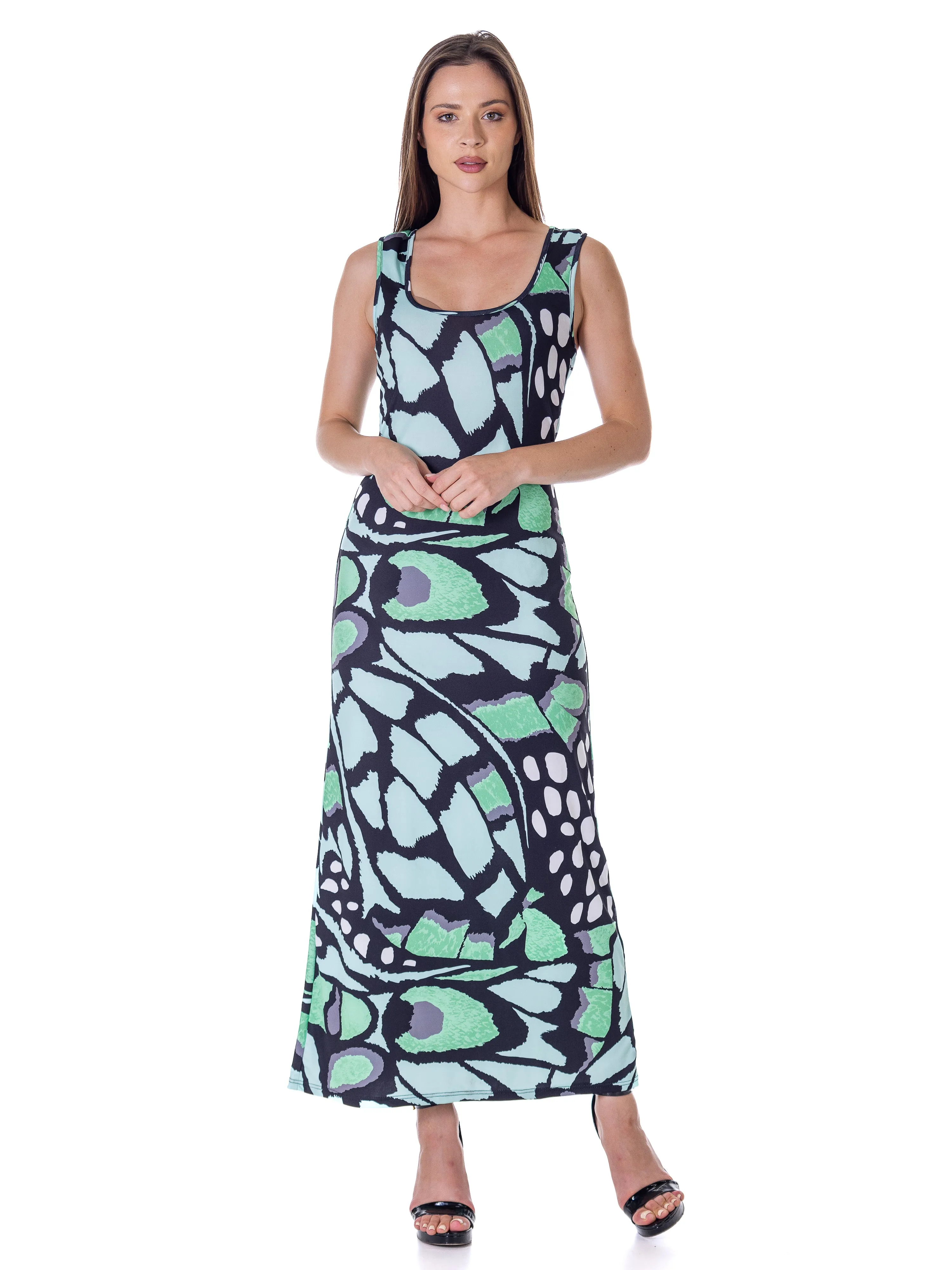 Womens Green Butterfly Print Casual Razorback Tank Maxi Dress