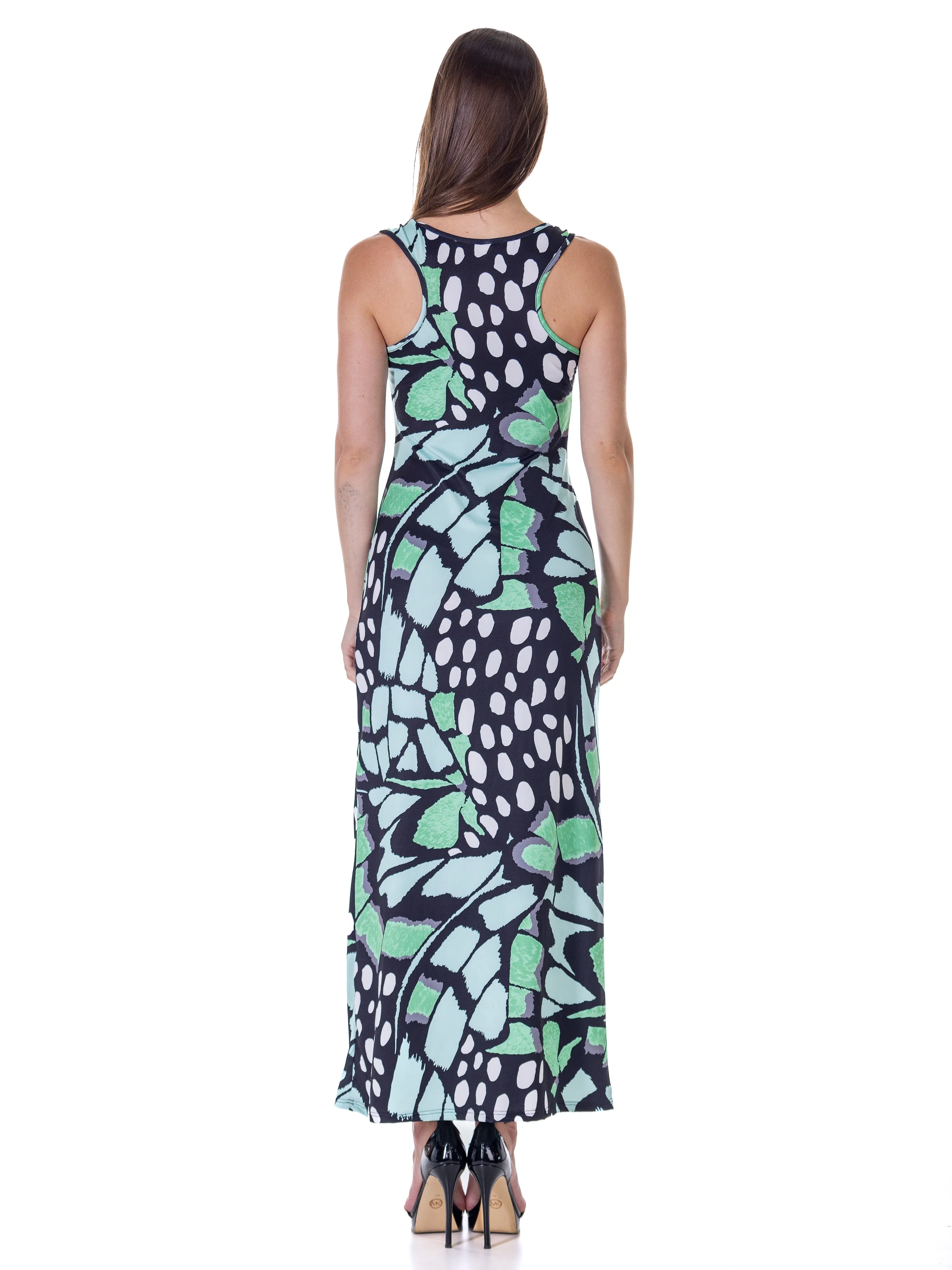 Womens Green Butterfly Print Casual Razorback Tank Maxi Dress