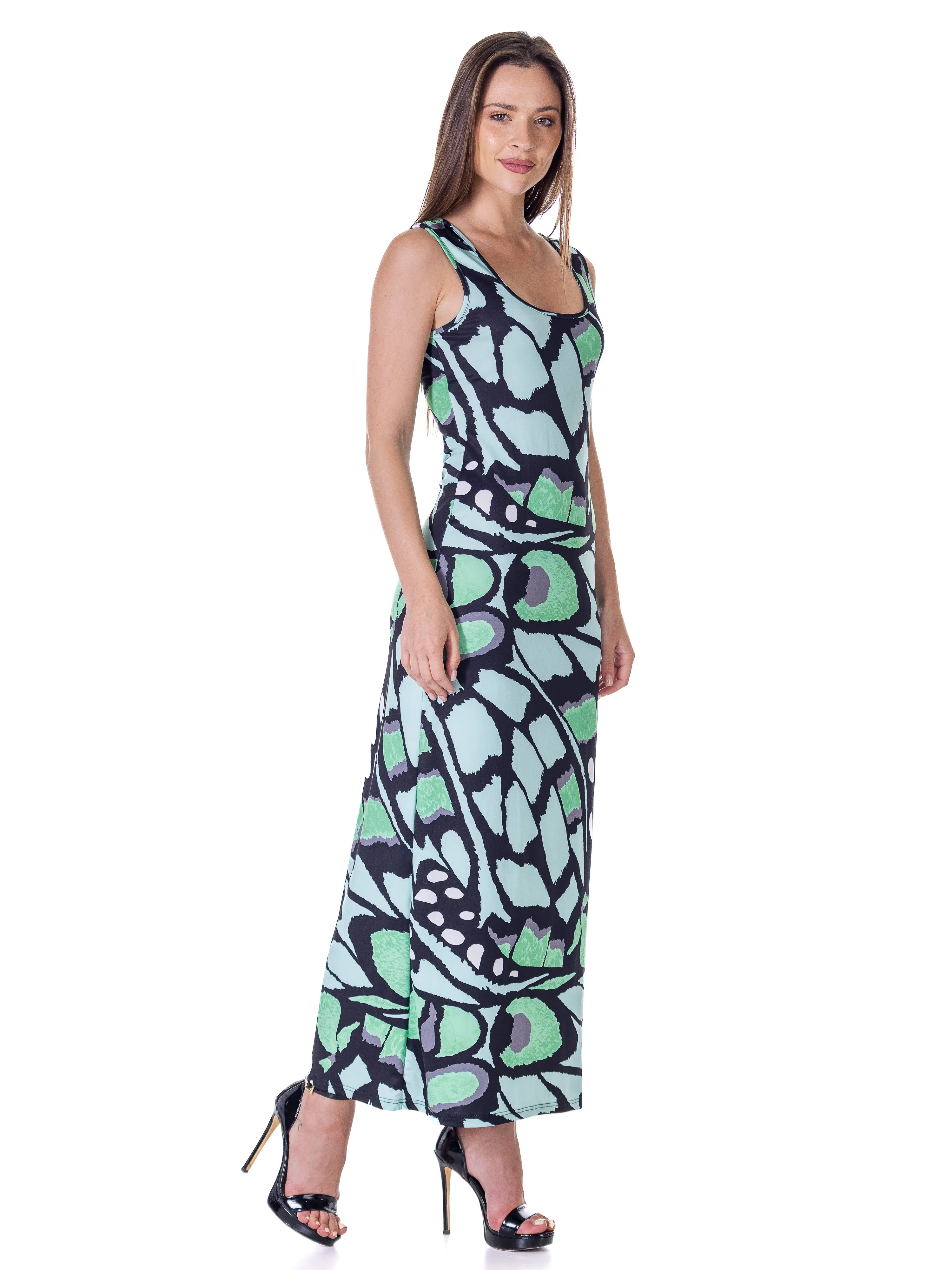 Womens Green Butterfly Print Casual Razorback Tank Maxi Dress