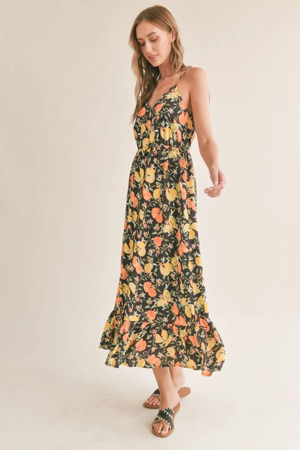 Women's Lemon Orange Maxi Dress | Black Multi