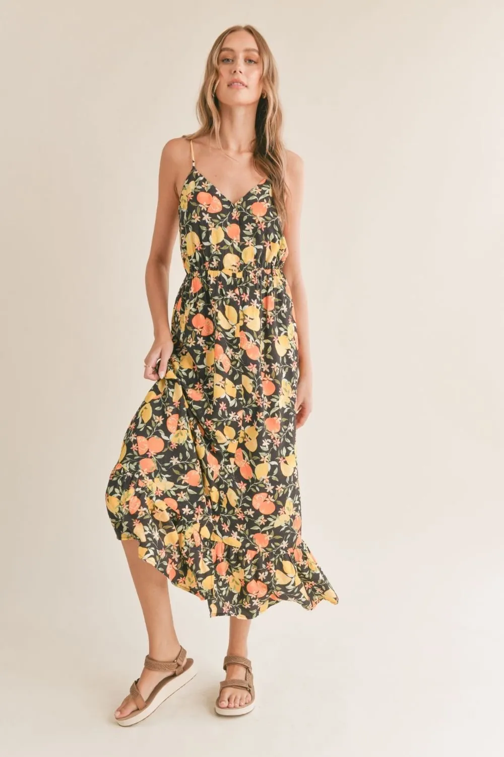 Women's Lemon Orange Maxi Dress | Black Multi