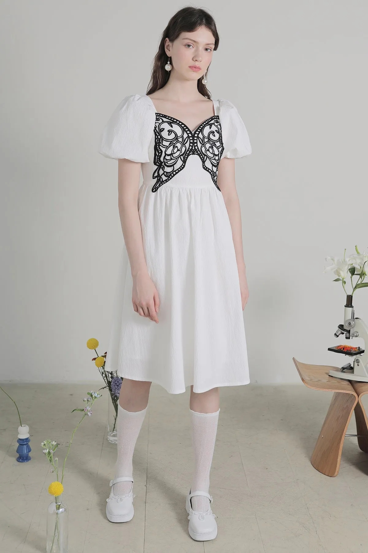 XUNRUO | White Butterfly Embroidered Midi Dress