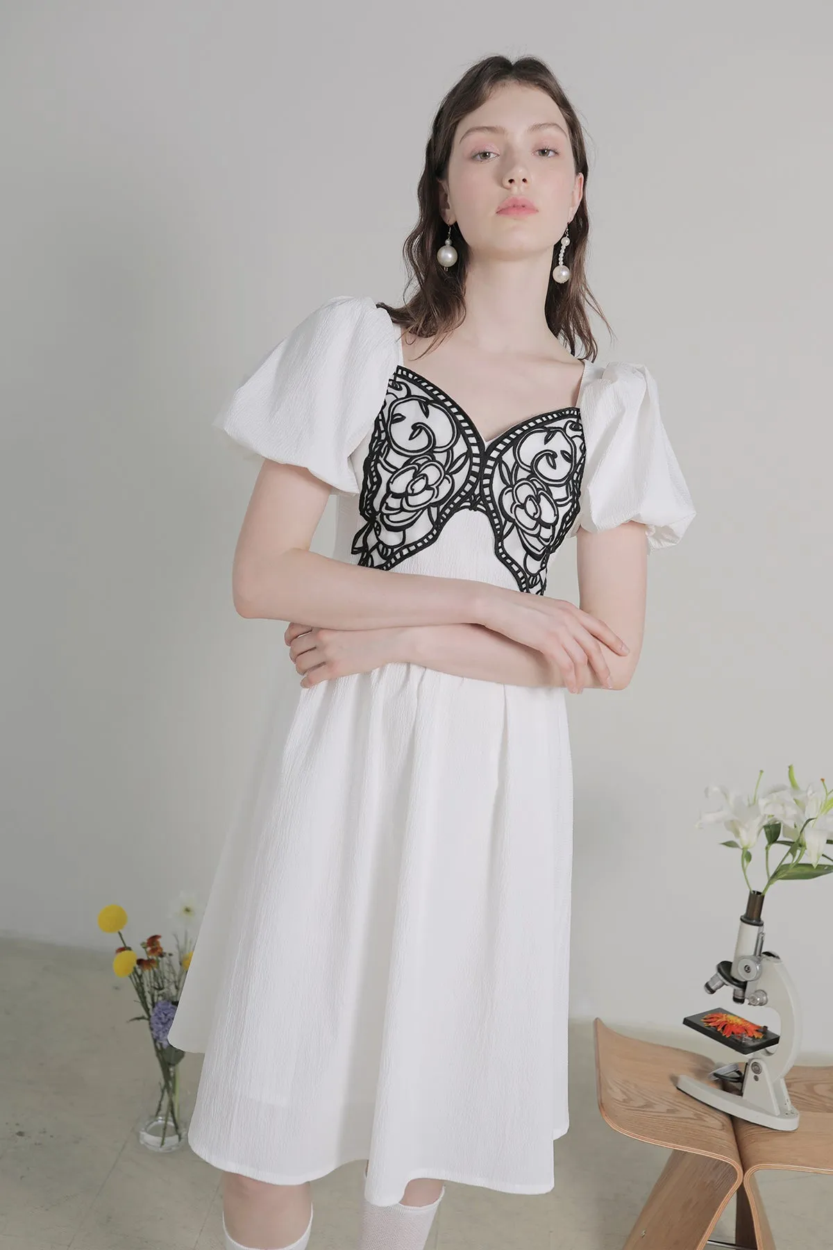 XUNRUO | White Butterfly Embroidered Midi Dress