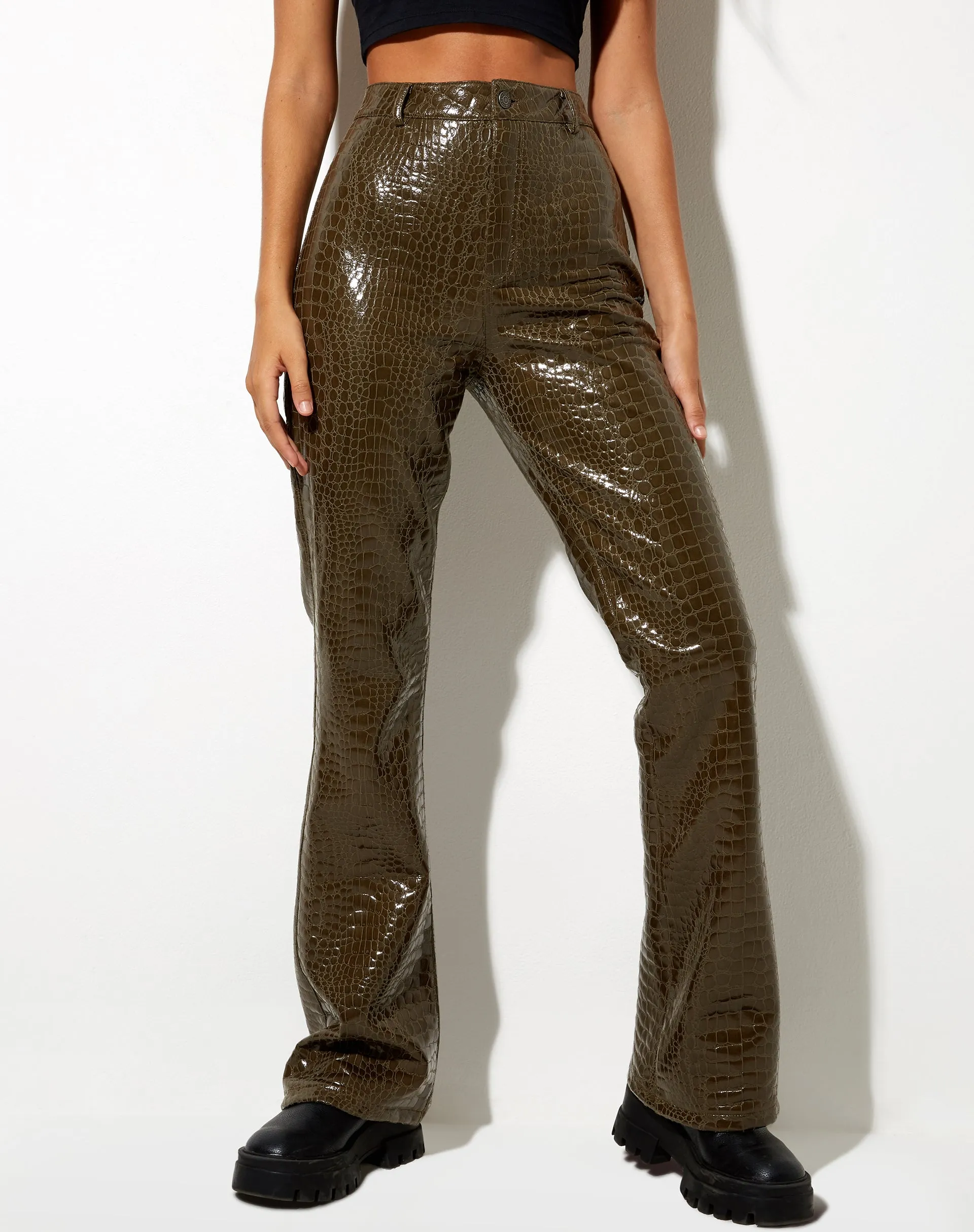 Zoven Flare Trouser in Croc Pu Dirty Khaki